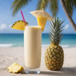 A frosty pineapple smoothie in a tall glass garnished with a pineapple slice and a paper umbrella. The refreshing tropical beverage is placed against a beach backdrop.