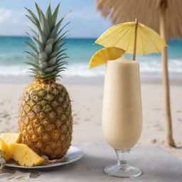 A frosty pineapple smoothie in a tall glass garnished with a pineapple slice and a paper umbrella. The refreshing tropical beverage is placed against a beach backdrop.