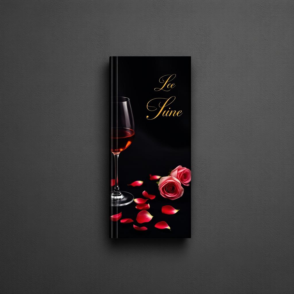 A black book cover with elegant design featuring a glass of wine and scattered rose petals