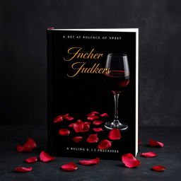 A black book cover with elegant design featuring a glass of wine and scattered rose petals