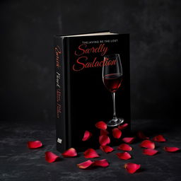 A black book cover with elegant design featuring a glass of wine and scattered rose petals