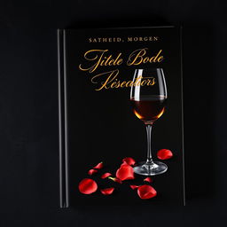 A black book cover with elegant design featuring a glass of wine and scattered rose petals