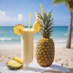 A frosty pineapple smoothie in a tall glass garnished with a pineapple slice and a paper umbrella. The refreshing tropical beverage is placed against a beach backdrop.