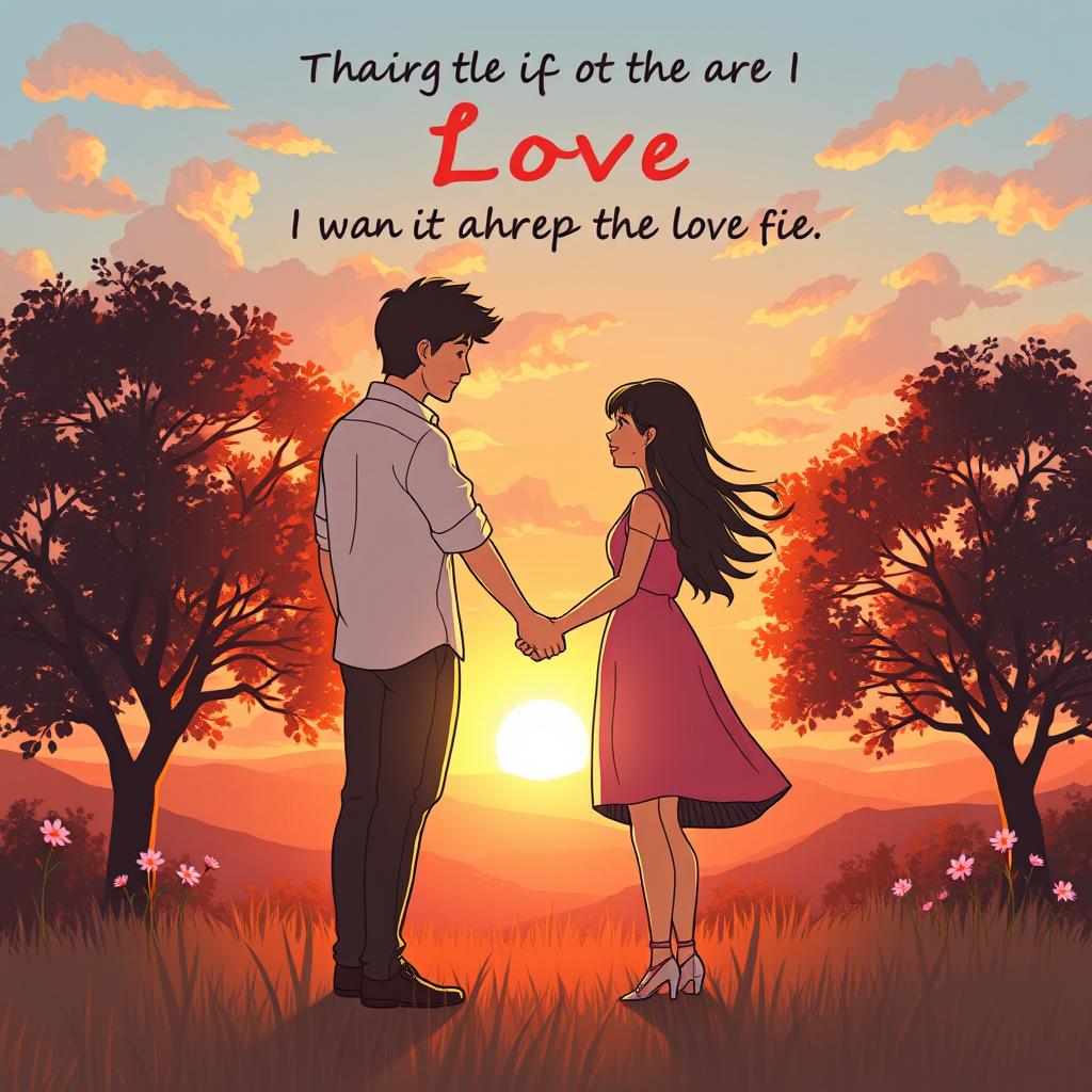 A heartwarming scene depicting love, with two people holding hands under a beautiful sunset