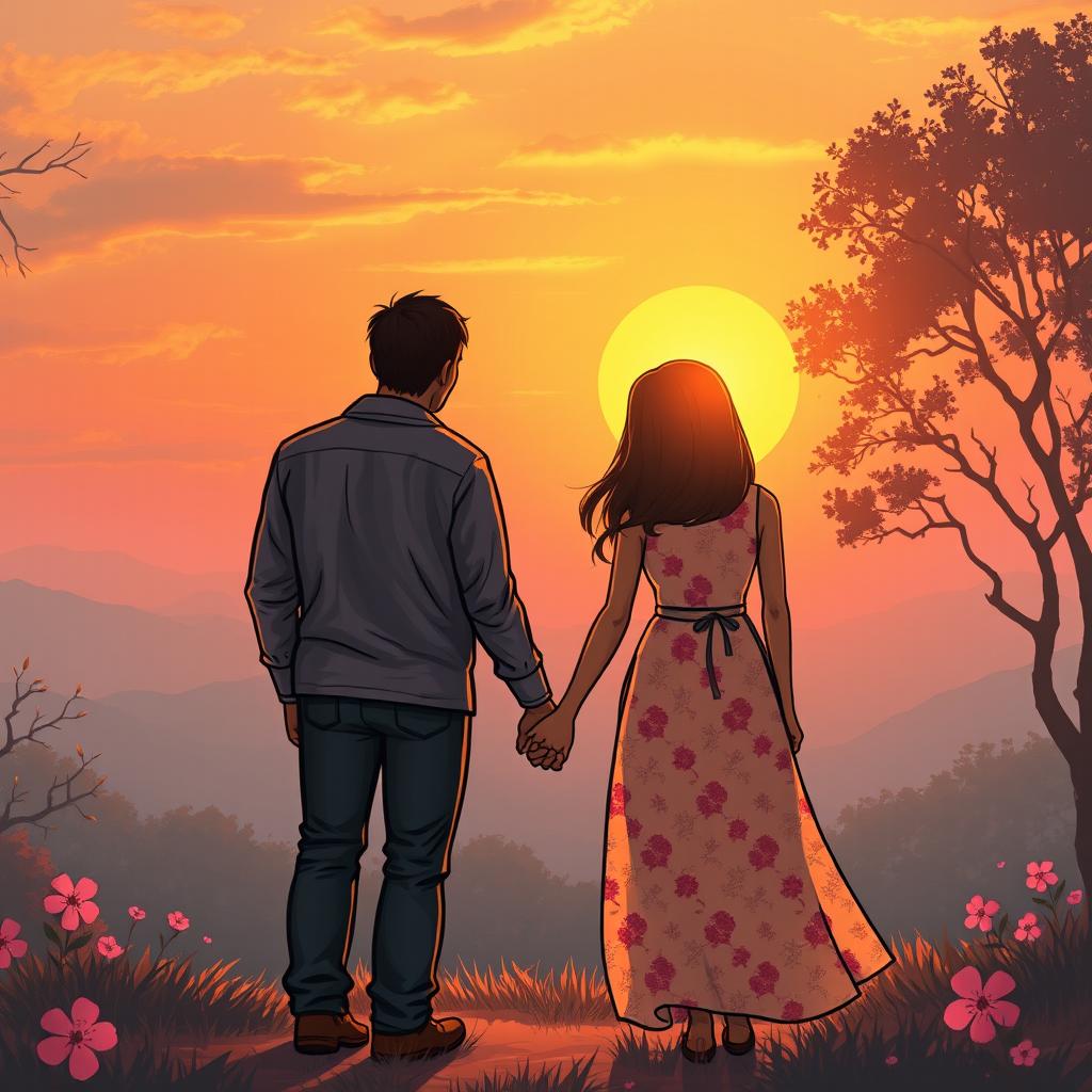 A heartwarming scene depicting love, with two people holding hands under a beautiful sunset