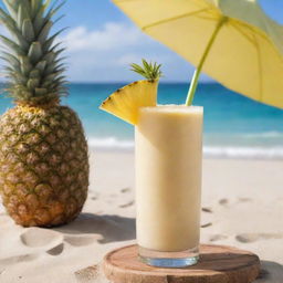 A frosty pineapple smoothie in a tall glass garnished with a pineapple slice and a paper umbrella. The refreshing tropical beverage is placed against a beach backdrop.