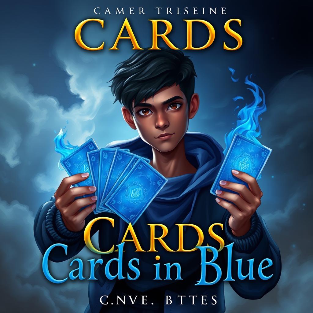 A fantasy-based book cover titled 'Cards in Blue' featuring a 17-year-old brown-skinned boy holding blue cards with sparkling flames