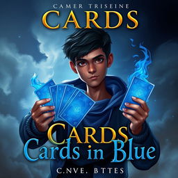 A fantasy-based book cover titled 'Cards in Blue' featuring a 17-year-old brown-skinned boy holding blue cards with sparkling flames