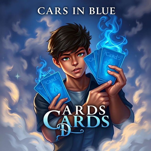 A fantasy-based book cover titled 'Cards in Blue' featuring a 17-year-old brown-skinned boy holding blue cards with sparkling flames