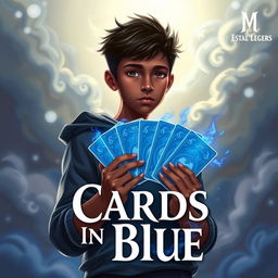 A fantasy-based book cover titled 'Cards in Blue' featuring a 17-year-old brown-skinned boy holding blue cards with sparkling flames