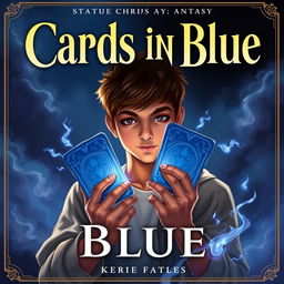 A fantasy-based book cover titled 'Cards in Blue' featuring a 17-year-old brown-skinned boy holding blue cards with sparkling flames