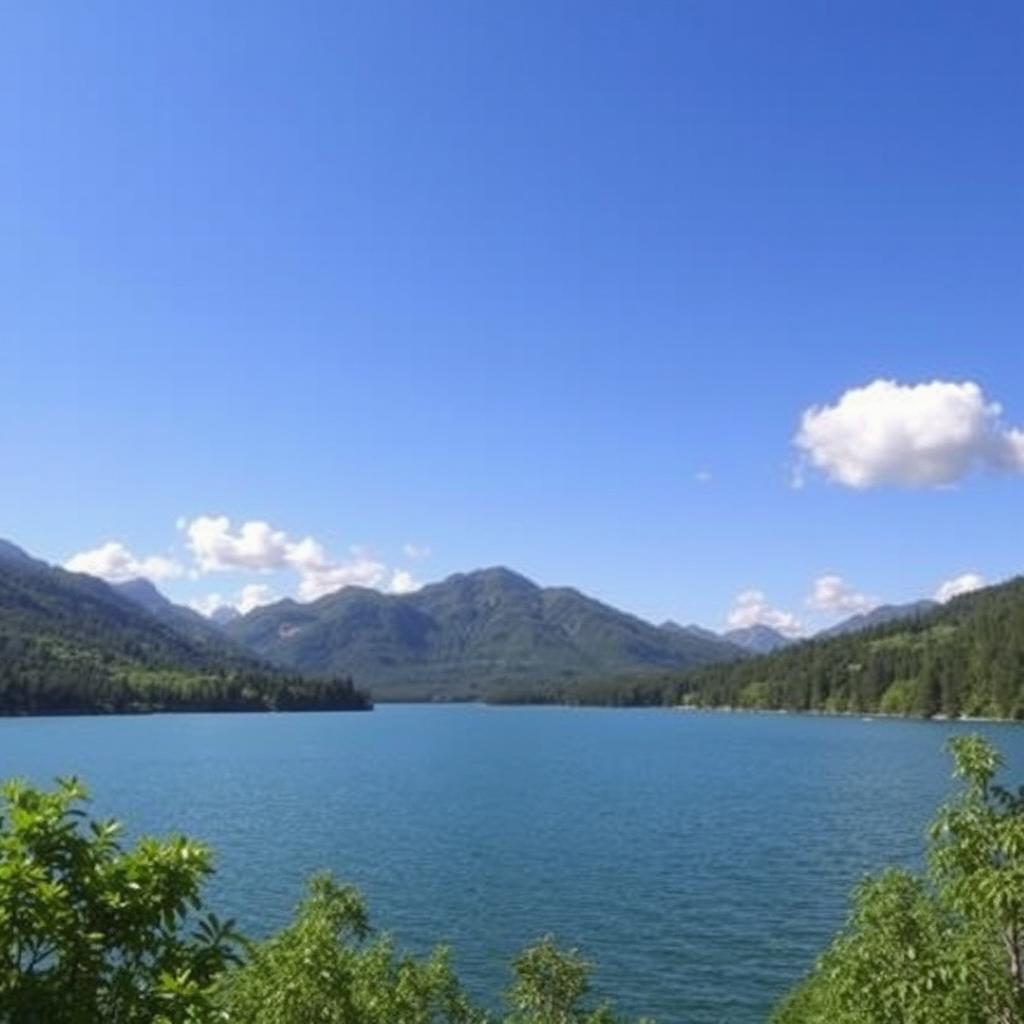 A beautiful landscape featuring a serene lake surrounded by lush green trees and mountains in the background