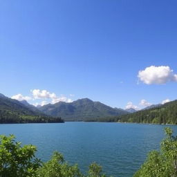 A beautiful landscape featuring a serene lake surrounded by lush green trees and mountains in the background