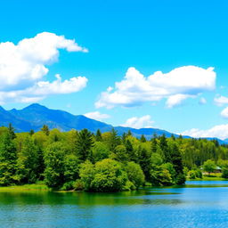 A beautiful landscape featuring a serene lake surrounded by lush green trees and mountains in the background