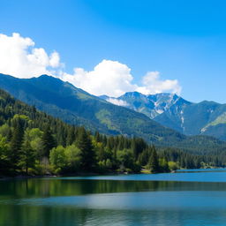 A beautiful landscape featuring a serene lake surrounded by lush green trees and mountains in the background