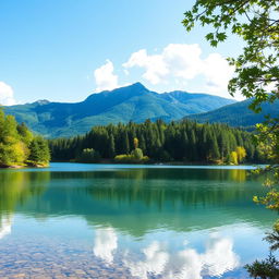 A beautiful landscape featuring a serene lake surrounded by lush green trees and mountains in the background