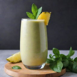 An exotic pineapple basil smoothie, served in a clear glass, it showcases the frothy blend of refreshing pineapple and fragrant basil leaves. Garnished with a sprig of basil on top.