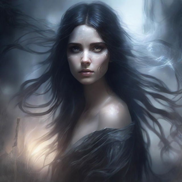 A mysterious, ethereal woman with long, flowing dark hair stands in a shattered, time-warped landscape