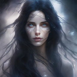 A mysterious, ethereal woman with long, flowing dark hair stands in a shattered, time-warped landscape