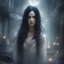 A mysterious, ethereal woman with long, flowing dark hair stands in a shattered, time-warped landscape