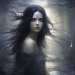 A mysterious, ethereal woman with long, flowing dark hair stands in a shattered, time-warped landscape