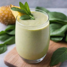 An exotic pineapple basil smoothie, served in a clear glass, it showcases the frothy blend of refreshing pineapple and fragrant basil leaves. Garnished with a sprig of basil on top.