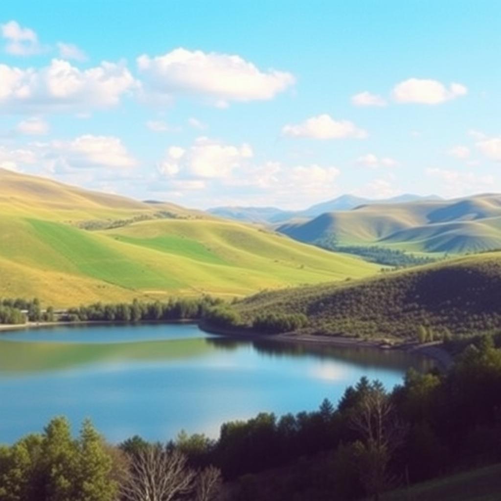 A beautiful landscape with rolling hills, a clear blue sky, and a serene lake reflecting the surrounding nature