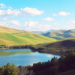 A beautiful landscape with rolling hills, a clear blue sky, and a serene lake reflecting the surrounding nature