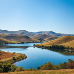 A beautiful landscape with rolling hills, a clear blue sky, and a serene lake reflecting the surrounding nature