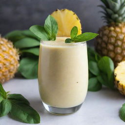 An exotic pineapple basil smoothie, served in a clear glass, it showcases the frothy blend of refreshing pineapple and fragrant basil leaves. Garnished with a sprig of basil on top.