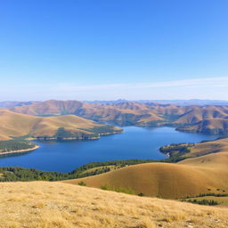 A beautiful landscape with rolling hills, a clear blue sky, and a serene lake reflecting the surrounding nature