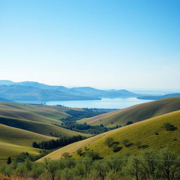 A beautiful landscape with rolling hills, a clear blue sky, and a serene lake reflecting the surrounding nature