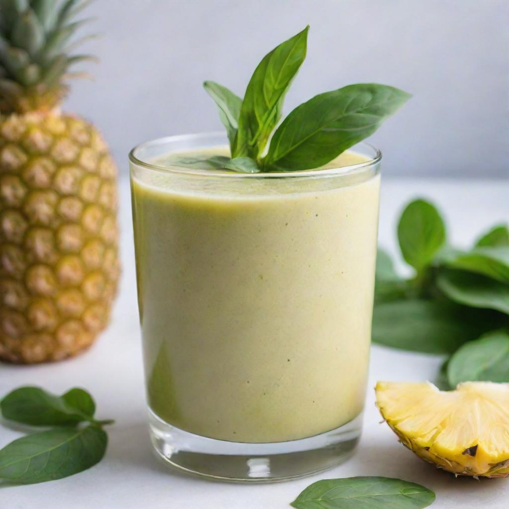 An exotic pineapple basil smoothie, served in a clear glass, it showcases the frothy blend of refreshing pineapple and fragrant basil leaves. Garnished with a sprig of basil on top.