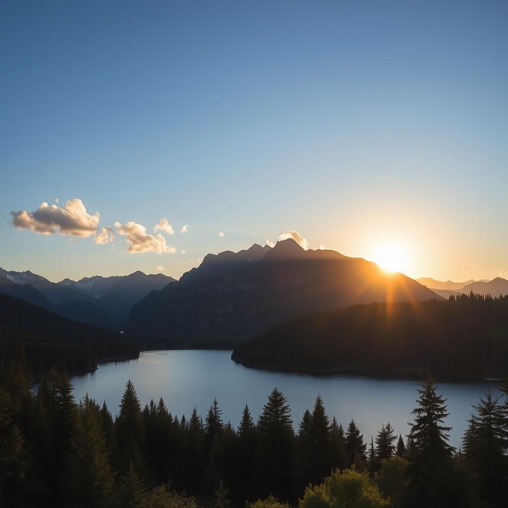 A beautiful landscape featuring a serene lake surrounded by lush green forests and majestic mountains in the background