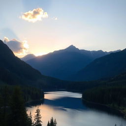 A beautiful landscape featuring a serene lake surrounded by lush green forests and majestic mountains in the background