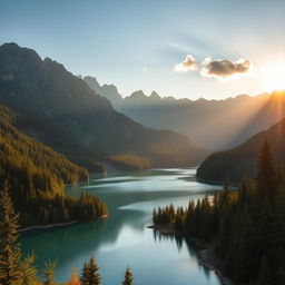 A beautiful landscape featuring a serene lake surrounded by lush green forests and majestic mountains in the background