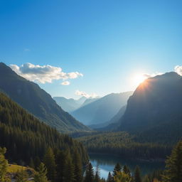 A beautiful landscape featuring a serene lake surrounded by lush green forests and majestic mountains in the background