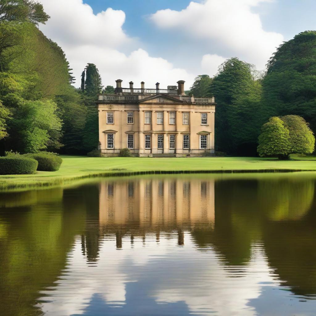 A picturesque and elegant image of Pemberley, the grand estate from Jane Austen's Pride and Prejudice