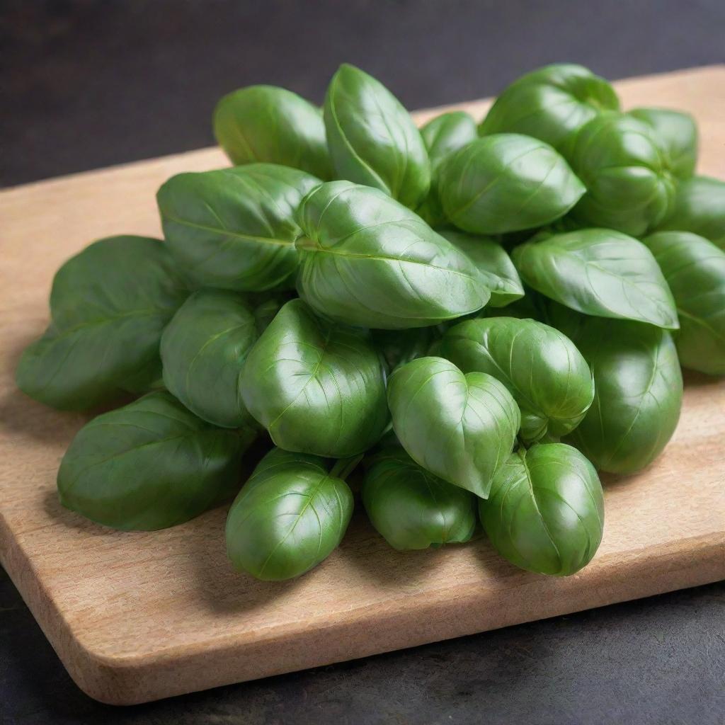 A bunch of fresh green basil leaves on a wooden cutting board, with visible veins and edges, displaying their aromatic freshness under natural light.