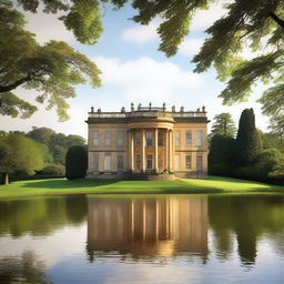 A picturesque and elegant image of Pemberley, the grand estate from Jane Austen's Pride and Prejudice