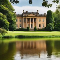 A picturesque and elegant image of Pemberley, the grand estate from Jane Austen's Pride and Prejudice