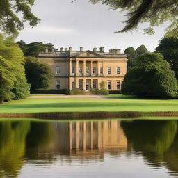 A picturesque and elegant image of Pemberley, the grand estate from Jane Austen's Pride and Prejudice