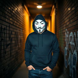 A man wearing a Guy Fawkes mask, standing in a dimly lit alleyway