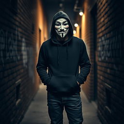 A man wearing a Guy Fawkes mask, standing in a dimly lit alleyway