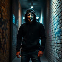 A man wearing a Guy Fawkes mask, standing in a dimly lit alleyway