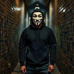 A man wearing a Guy Fawkes mask, standing in a dimly lit alleyway