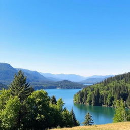 A serene landscape featuring a clear blue sky, a tranquil lake surrounded by lush green trees, and distant mountains