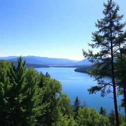 A serene landscape featuring a clear blue sky, a tranquil lake surrounded by lush green trees, and distant mountains