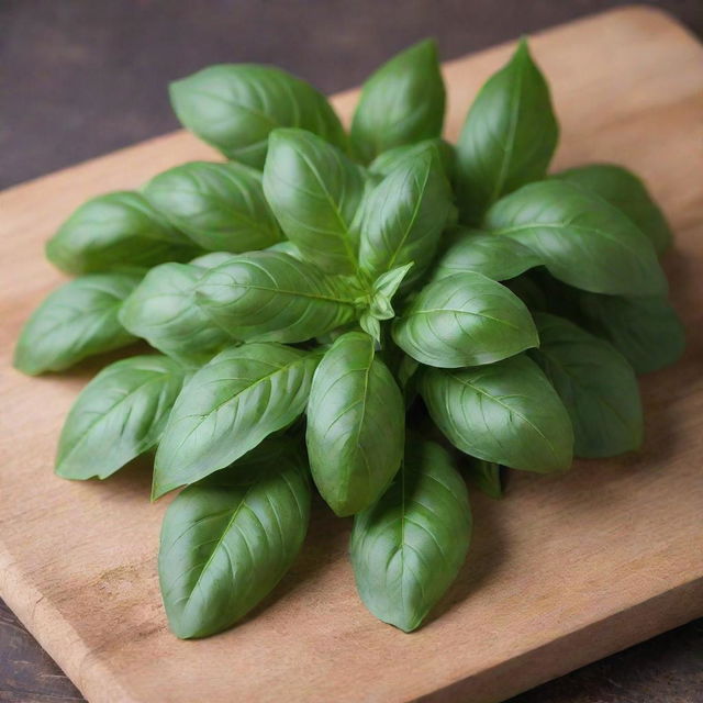 A bunch of fresh green basil leaves on a wooden cutting board, with visible veins and edges, displaying their aromatic freshness under natural light.