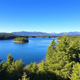 A serene landscape featuring a clear blue sky, a tranquil lake surrounded by lush green trees, and distant mountains